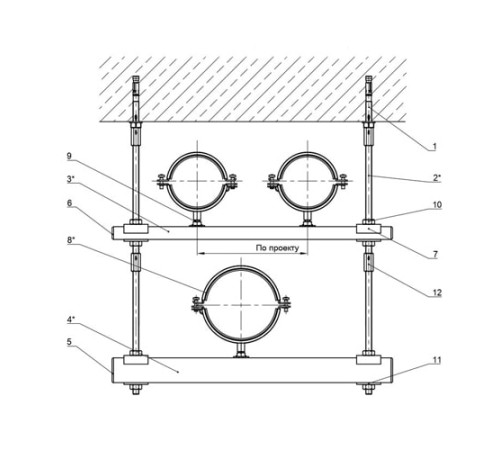 Крепления нескольких трубопроводов к перекрытию в Жлобине